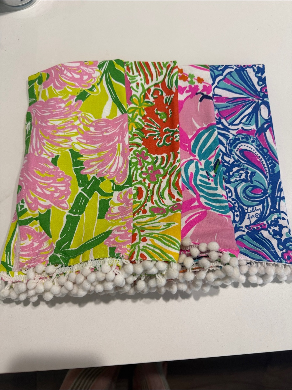 Lilly Pulitzer Colorful Floral Pom Pom linen napkins - Pink, Green, Blue (4)